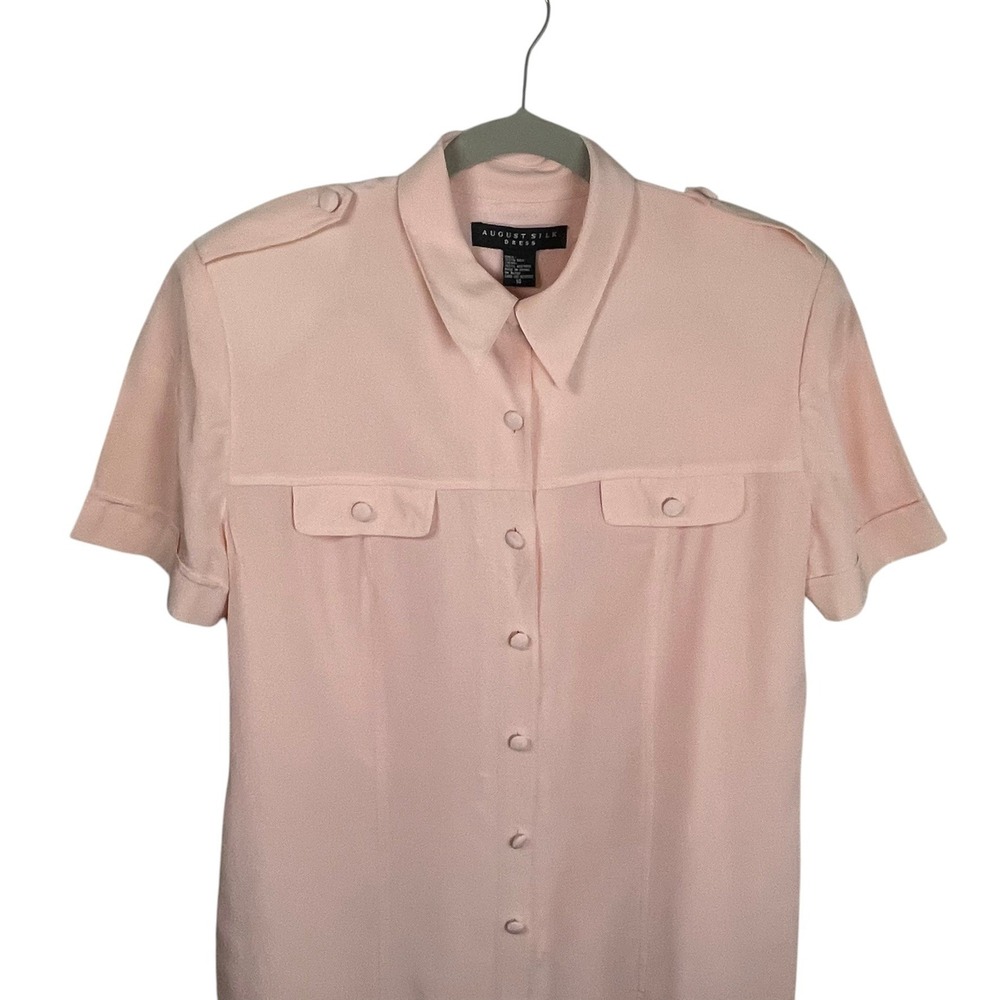August Silk Womens Pink 100% Silk Short Sleeve Button Front Shirt Dress Size 14 - Picture 4 of 13